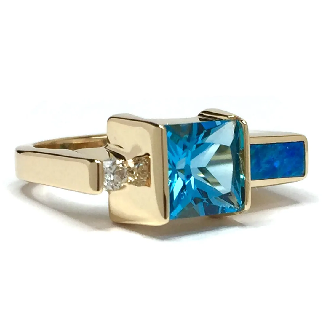 Opal Rings Rectangle Inlaid with Swiss Blue Topaz and .06ct Diamond