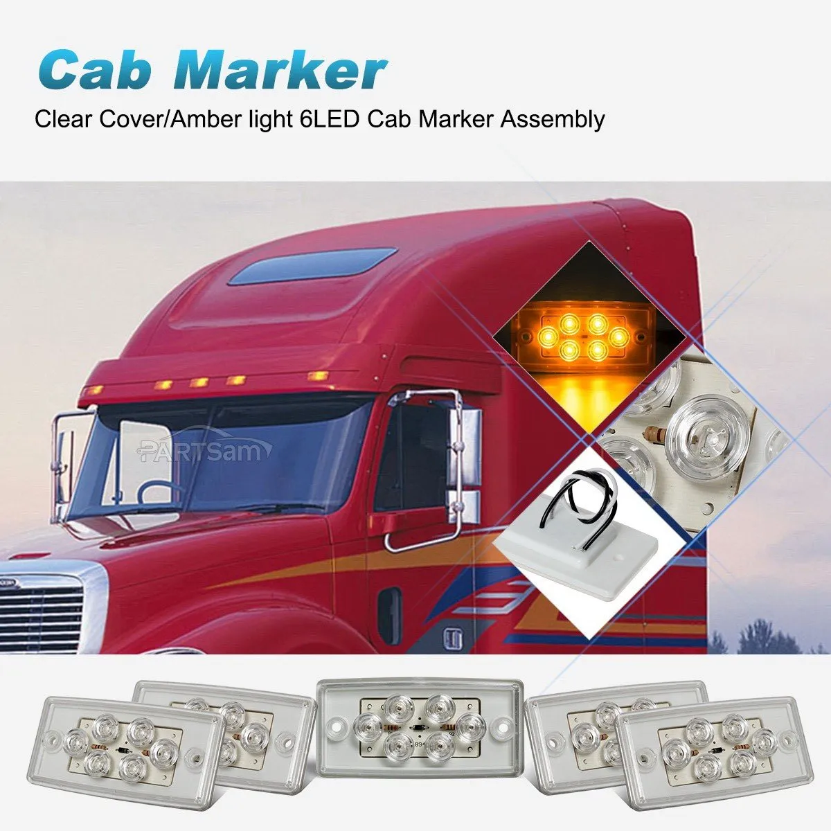 Partsam 5pcs Replacement for Freightliner Century/Columbia Cab Lights 6 LED Amber Roof Clearance Marker Lights Rectangle Top Running Lights Sealed Clear Lens, Flush Mount