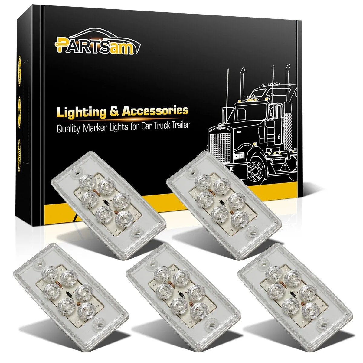 Partsam 5pcs Replacement for Freightliner Century/Columbia Cab Lights 6 LED Amber Roof Clearance Marker Lights Rectangle Top Running Lights Sealed Clear Lens, Flush Mount