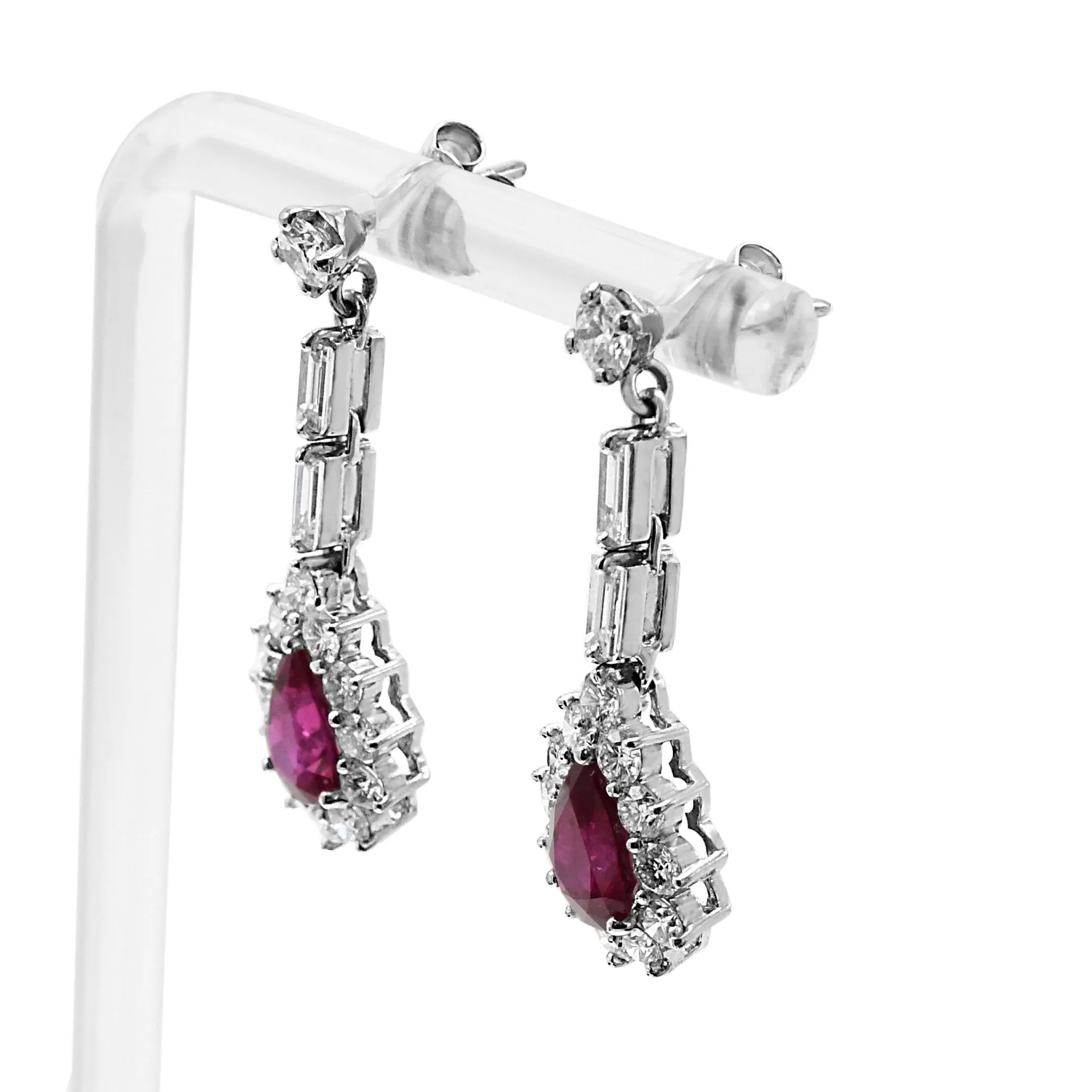 Pear Shaped Ruby & Multi Cut Diamond Drop Earrings