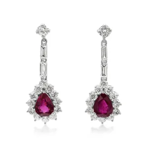Pear Shaped Ruby & Multi Cut Diamond Drop Earrings
