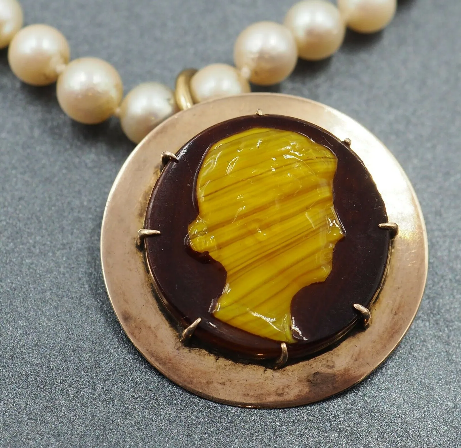 Pearl & Cameo Necklace 9ct Gold Enhancer Cameo Pendant Marcasite & Silver Clasp