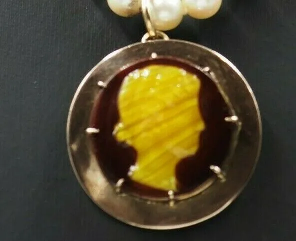 Pearl & Cameo Necklace 9ct Gold Enhancer Cameo Pendant Marcasite & Silver Clasp