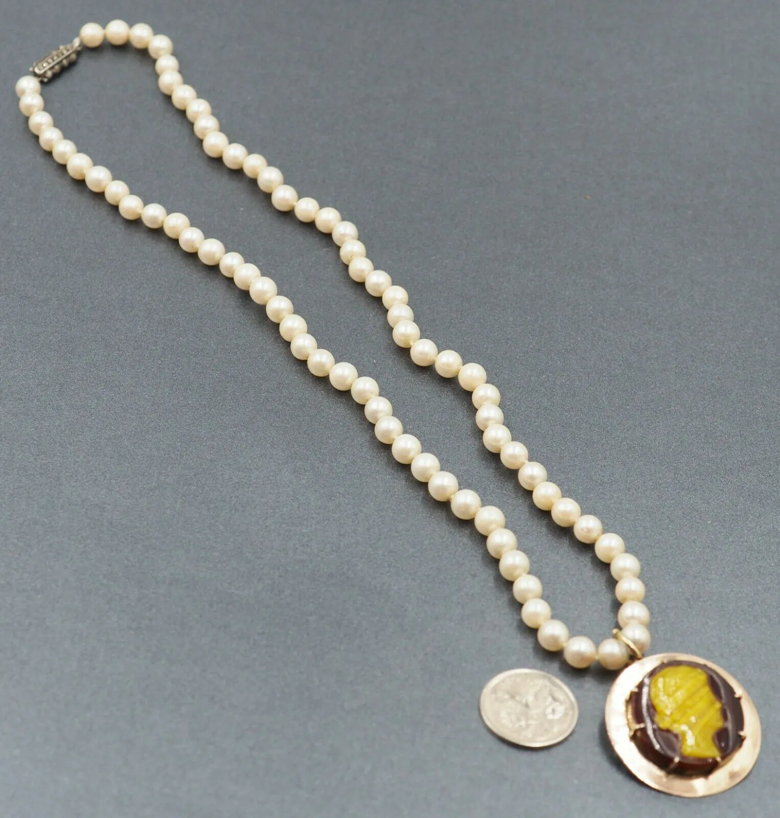 Pearl & Cameo Necklace 9ct Gold Enhancer Cameo Pendant Marcasite & Silver Clasp