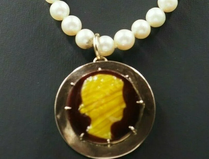 Pearl & Cameo Necklace 9ct Gold Enhancer Cameo Pendant Marcasite & Silver Clasp