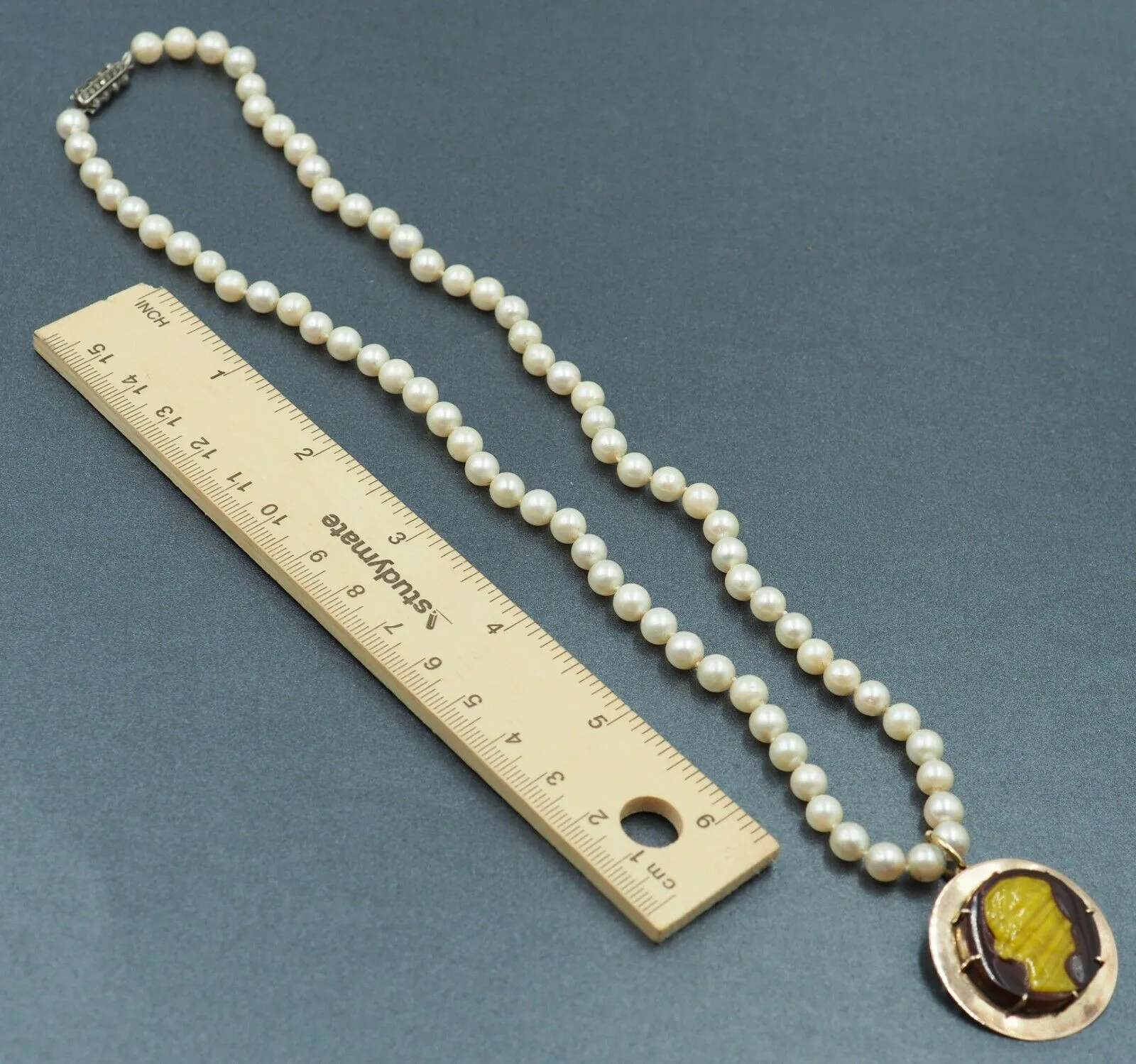 Pearl & Cameo Necklace 9ct Gold Enhancer Cameo Pendant Marcasite & Silver Clasp