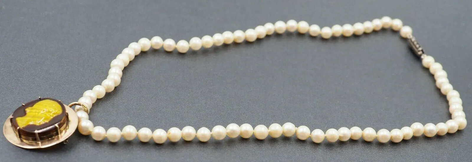 Pearl & Cameo Necklace 9ct Gold Enhancer Cameo Pendant Marcasite & Silver Clasp
