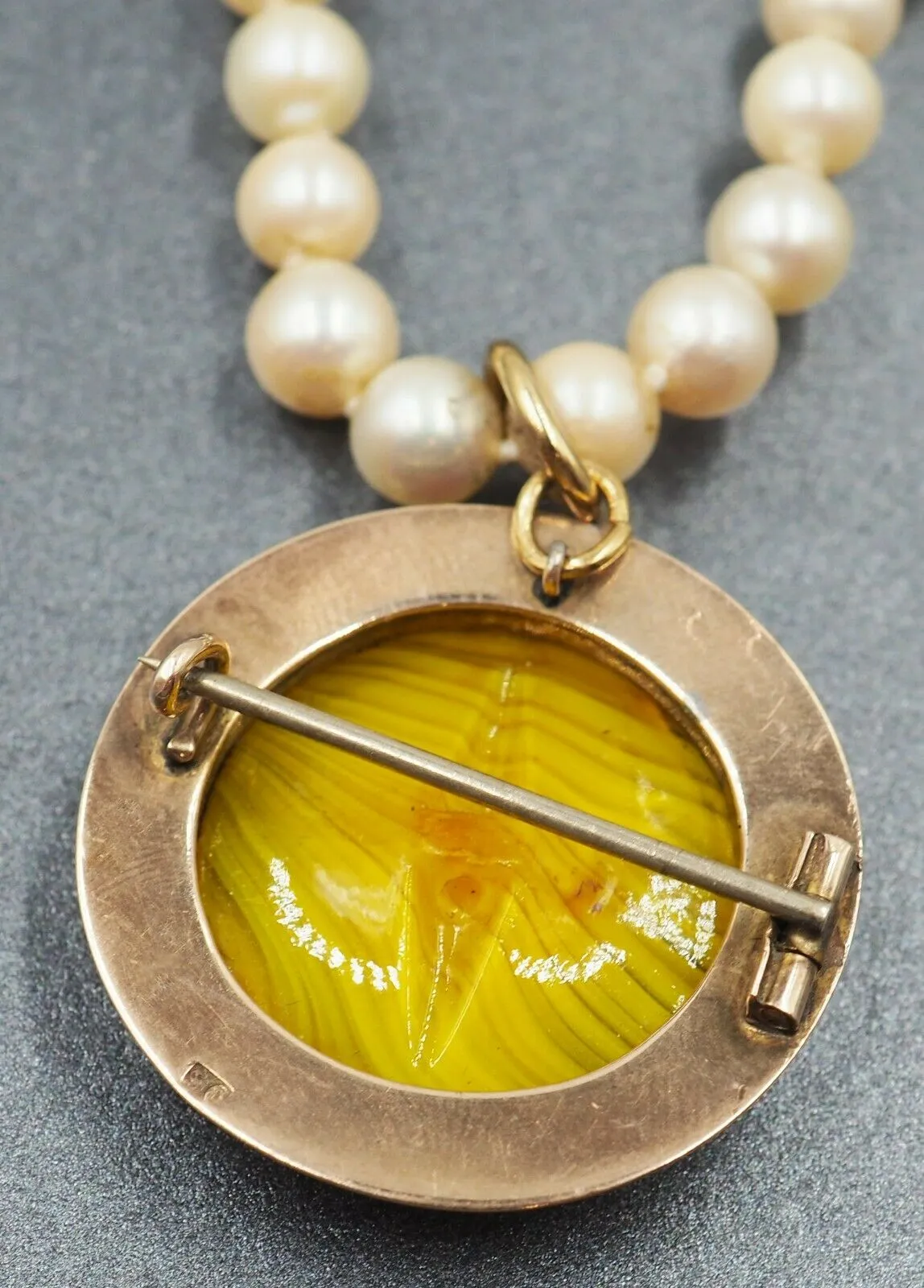 Pearl & Cameo Necklace 9ct Gold Enhancer Cameo Pendant Marcasite & Silver Clasp