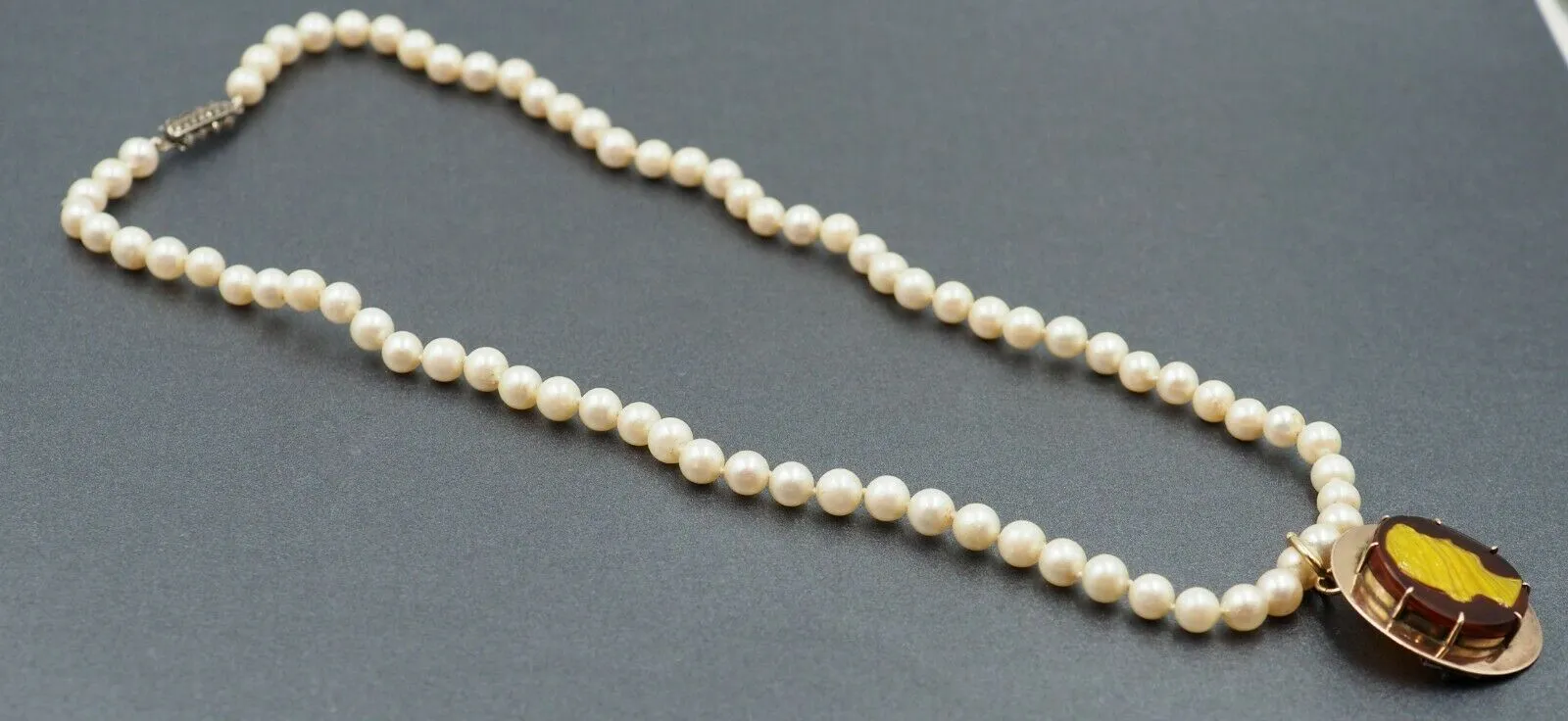 Pearl & Cameo Necklace 9ct Gold Enhancer Cameo Pendant Marcasite & Silver Clasp