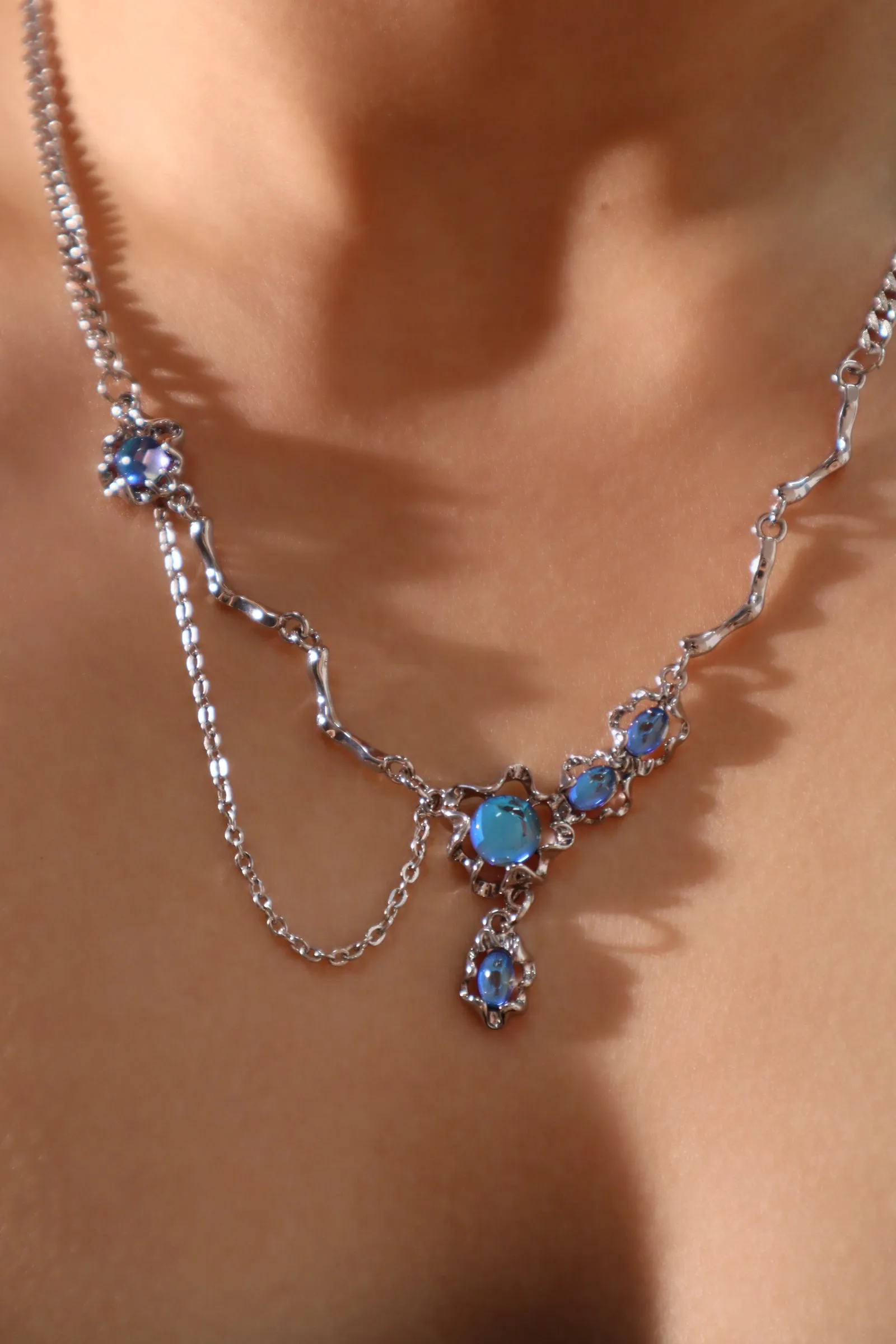 Platinum Plated Deep Blue Moonstone Dangle Necklace