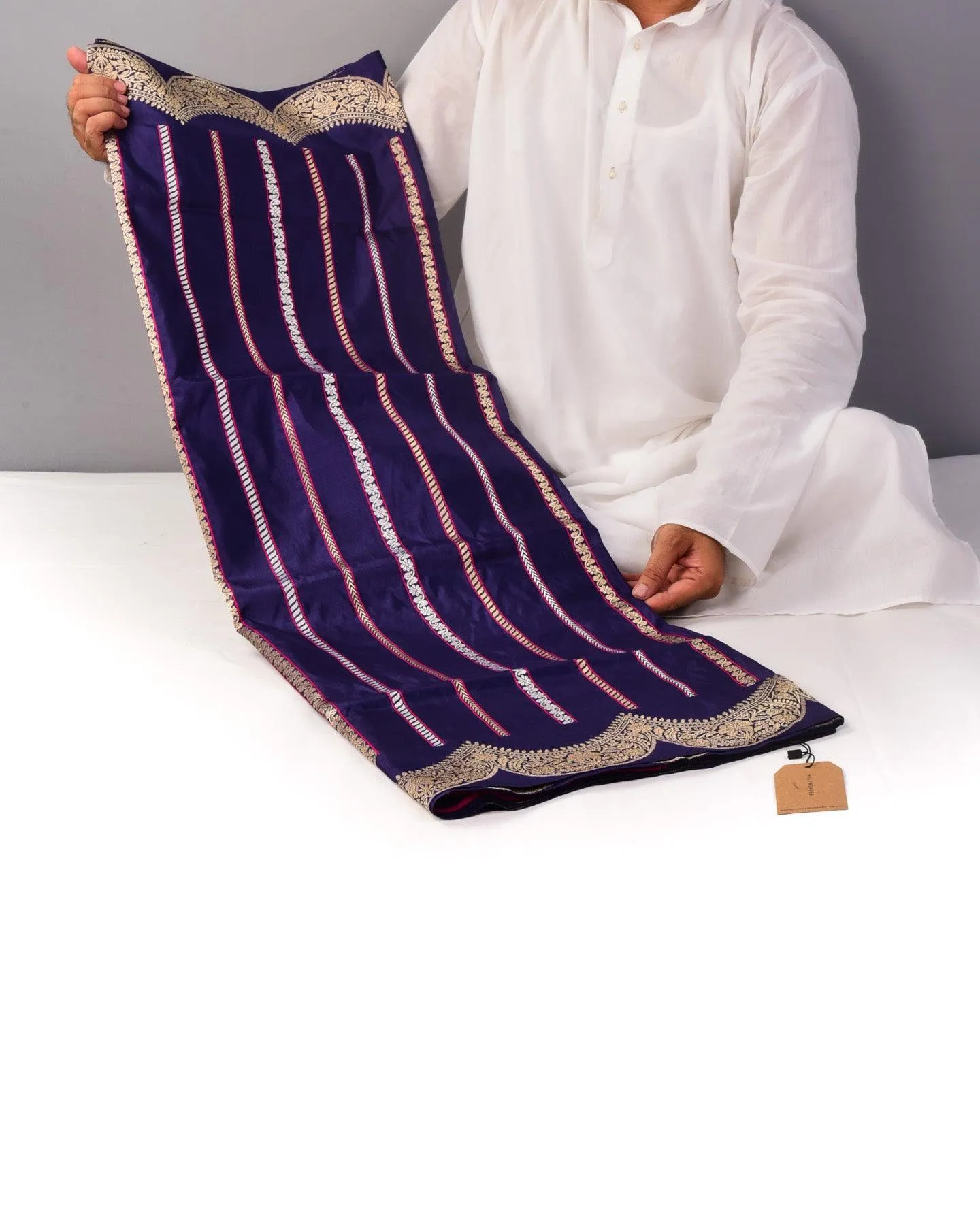 Purple Banarasi Alfi Brocade Stripes Kadhuan Brocade Handwoven Katan Silk Saree with Scallop Border