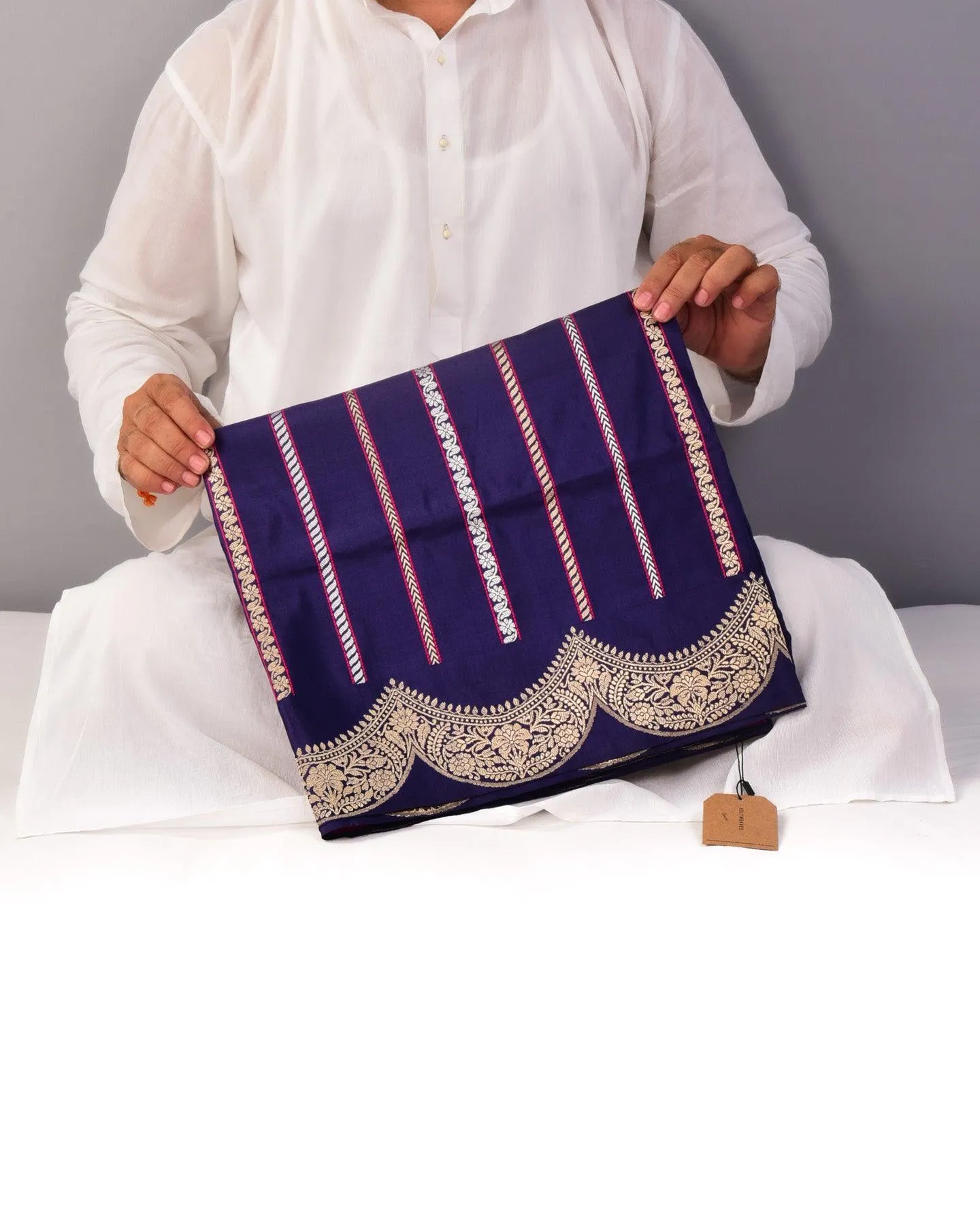 Purple Banarasi Alfi Brocade Stripes Kadhuan Brocade Handwoven Katan Silk Saree with Scallop Border