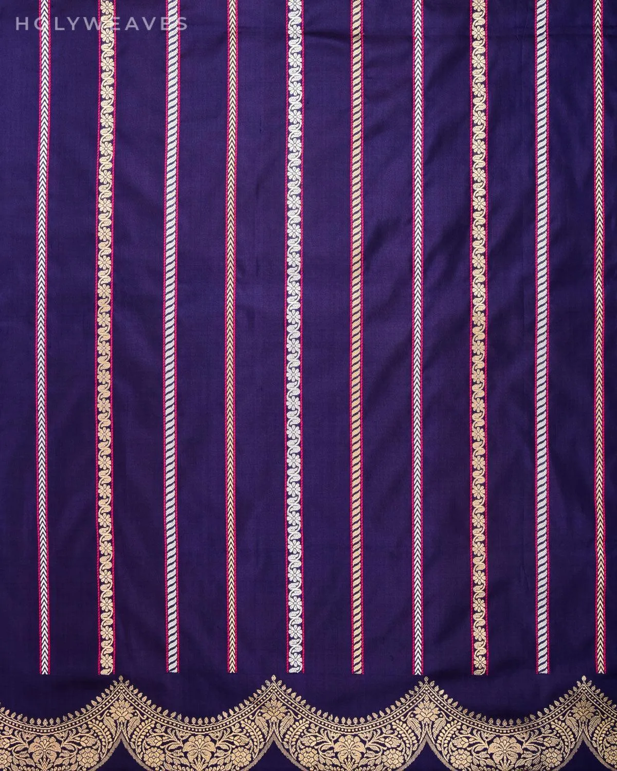 Purple Banarasi Alfi Brocade Stripes Kadhuan Brocade Handwoven Katan Silk Saree with Scallop Border