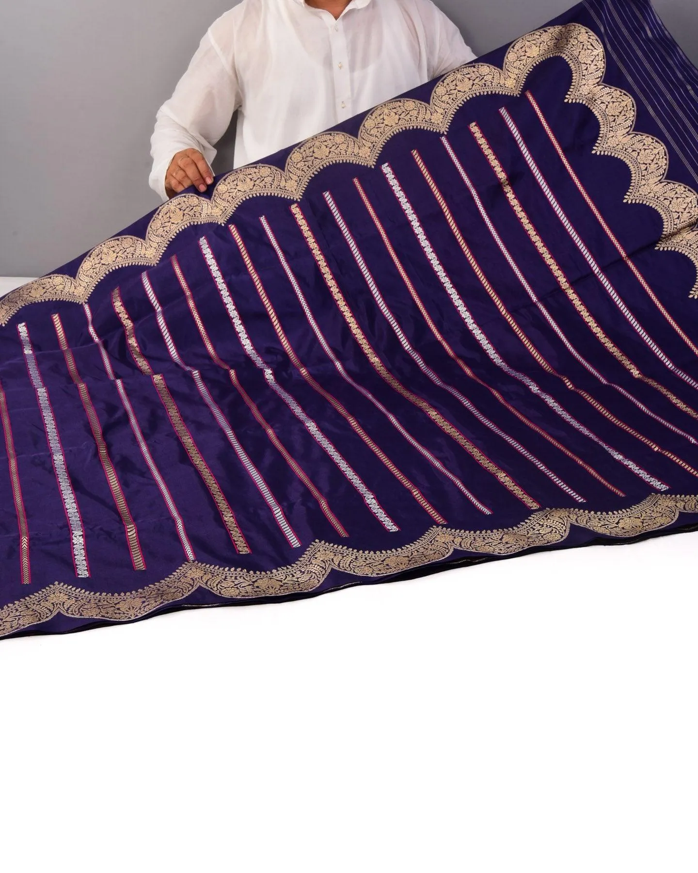 Purple Banarasi Alfi Brocade Stripes Kadhuan Brocade Handwoven Katan Silk Saree with Scallop Border