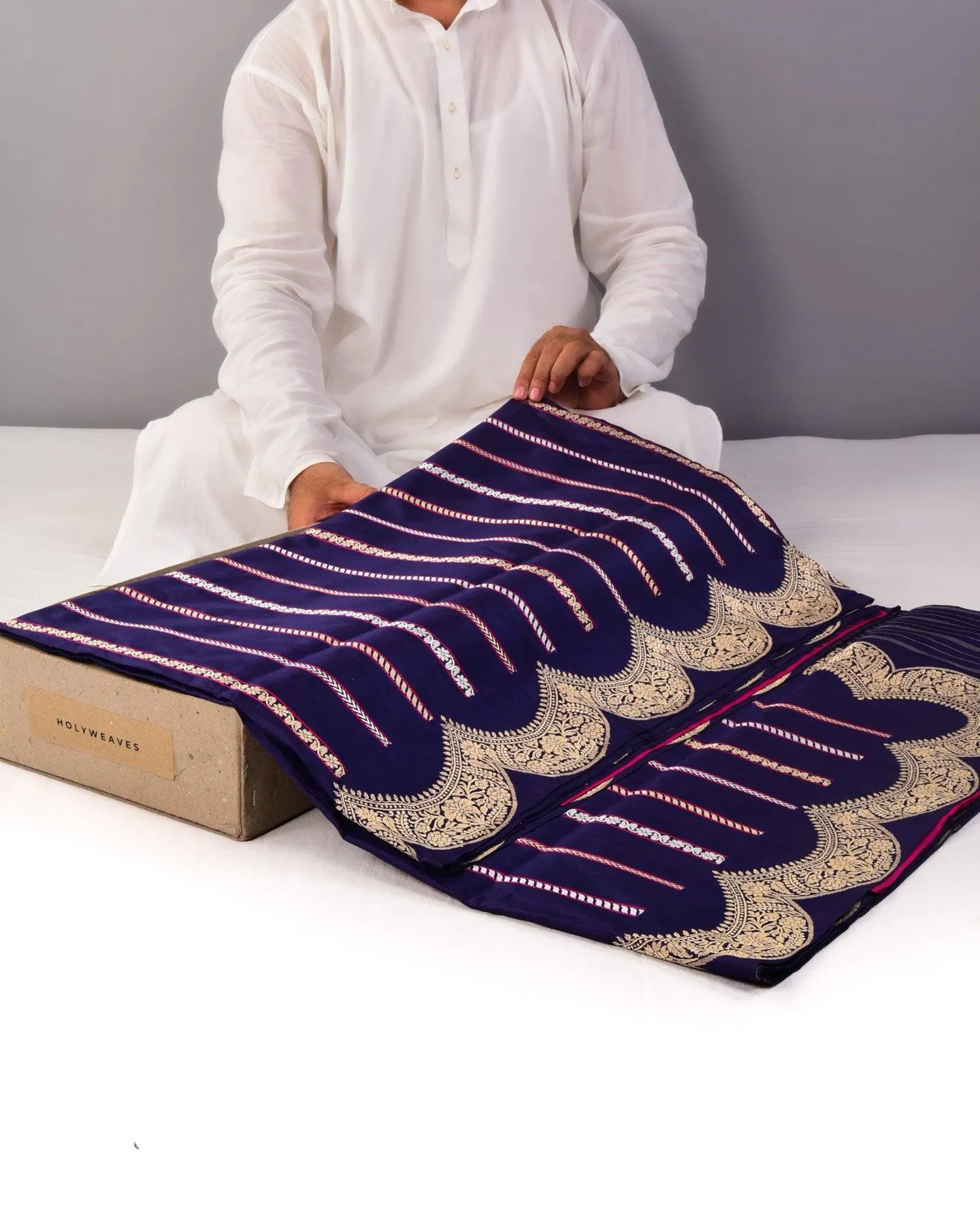 Purple Banarasi Alfi Brocade Stripes Kadhuan Brocade Handwoven Katan Silk Saree with Scallop Border