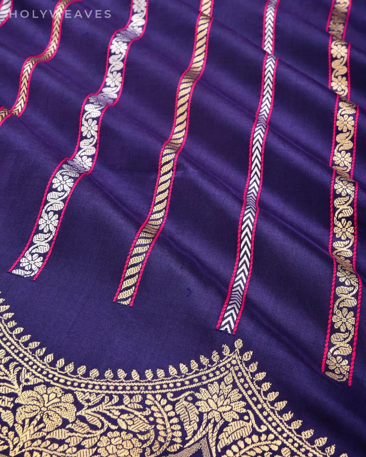 Purple Banarasi Alfi Brocade Stripes Kadhuan Brocade Handwoven Katan Silk Saree with Scallop Border