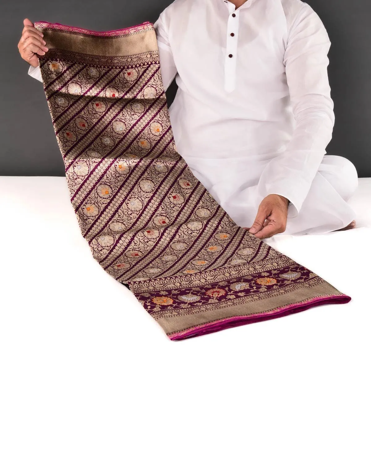 Purple Banarasi Diagonal Inlaid Stripes Kadhuan Brocade Handwoven Katan Silk Saree
