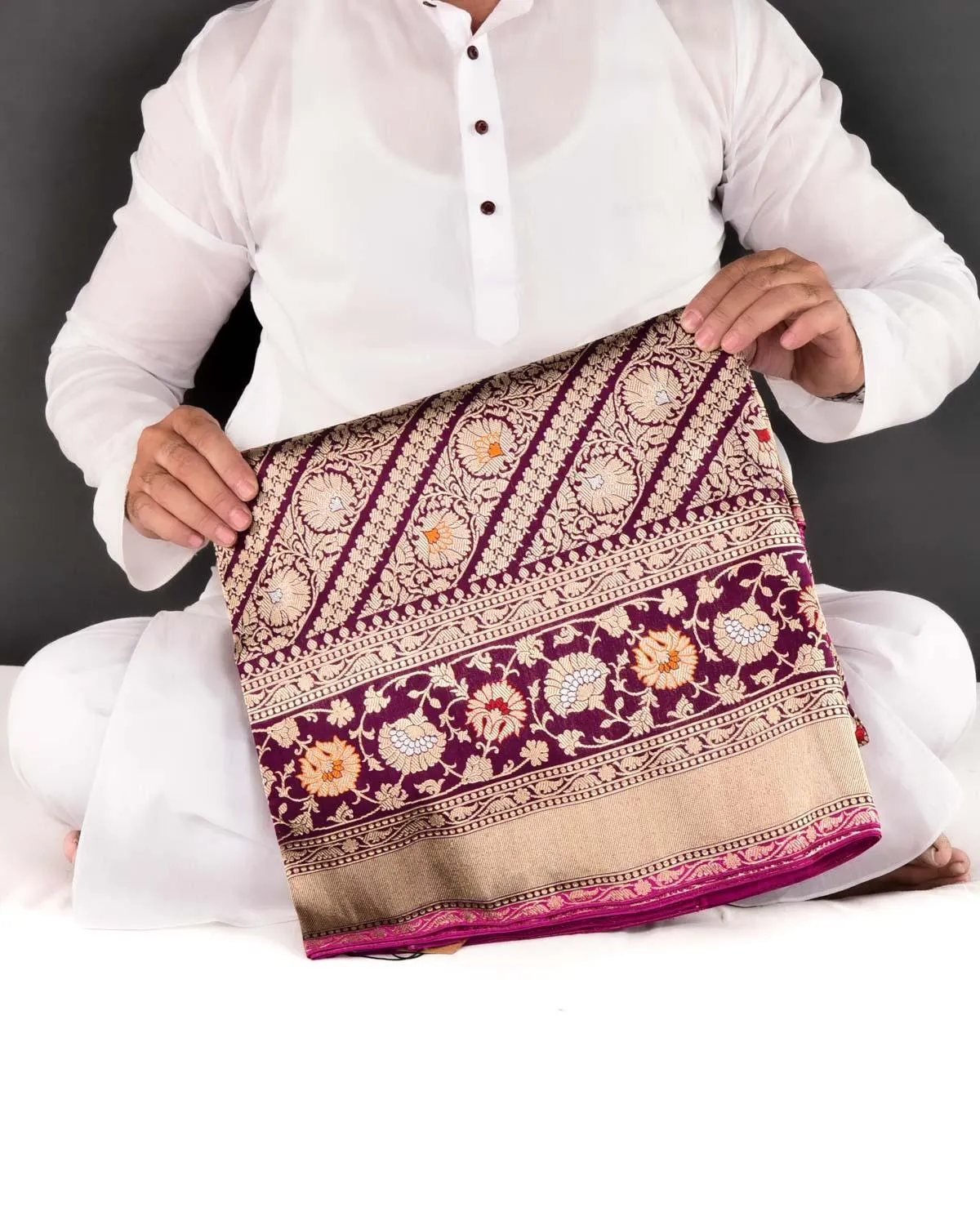 Purple Banarasi Diagonal Inlaid Stripes Kadhuan Brocade Handwoven Katan Silk Saree