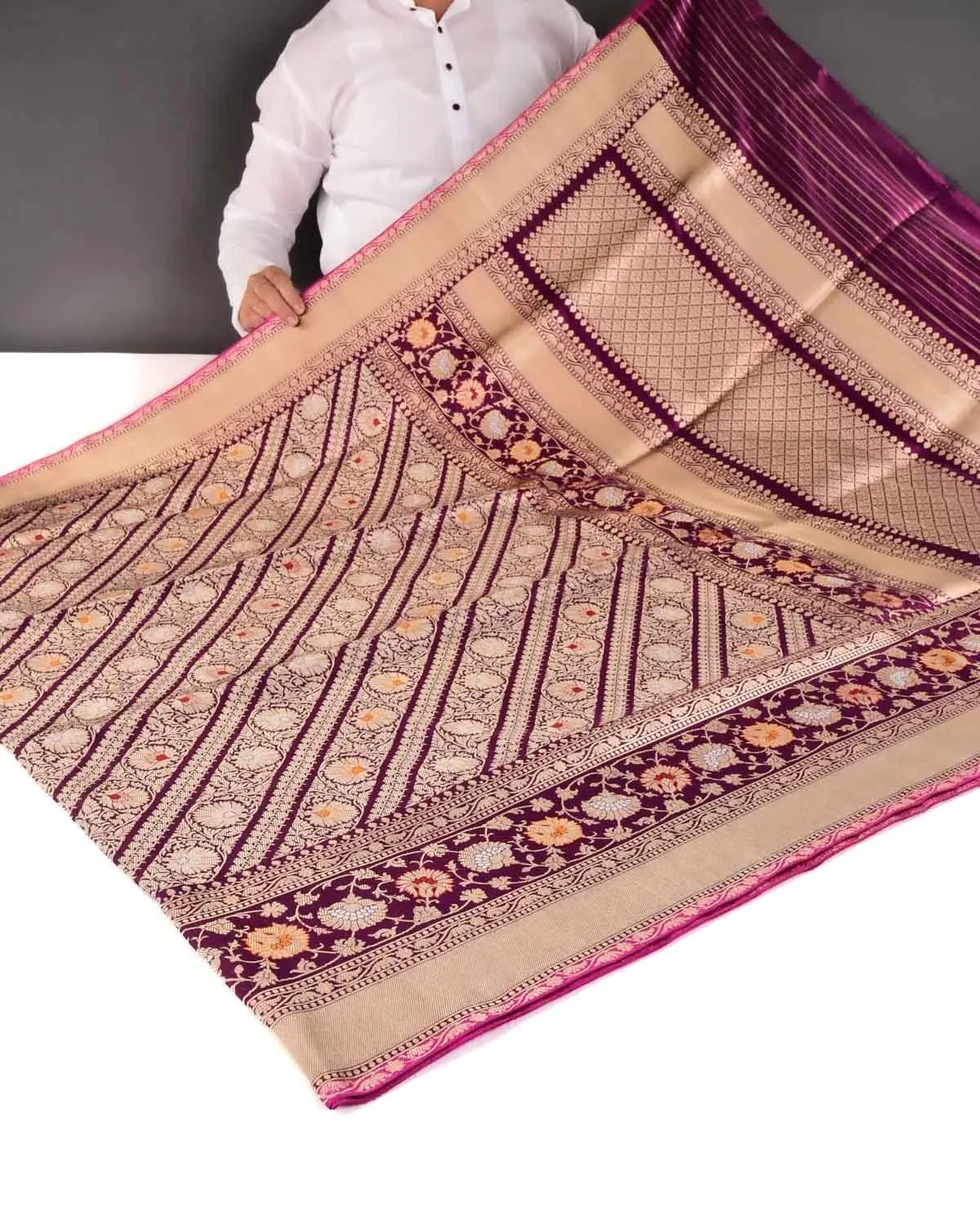 Purple Banarasi Diagonal Inlaid Stripes Kadhuan Brocade Handwoven Katan Silk Saree