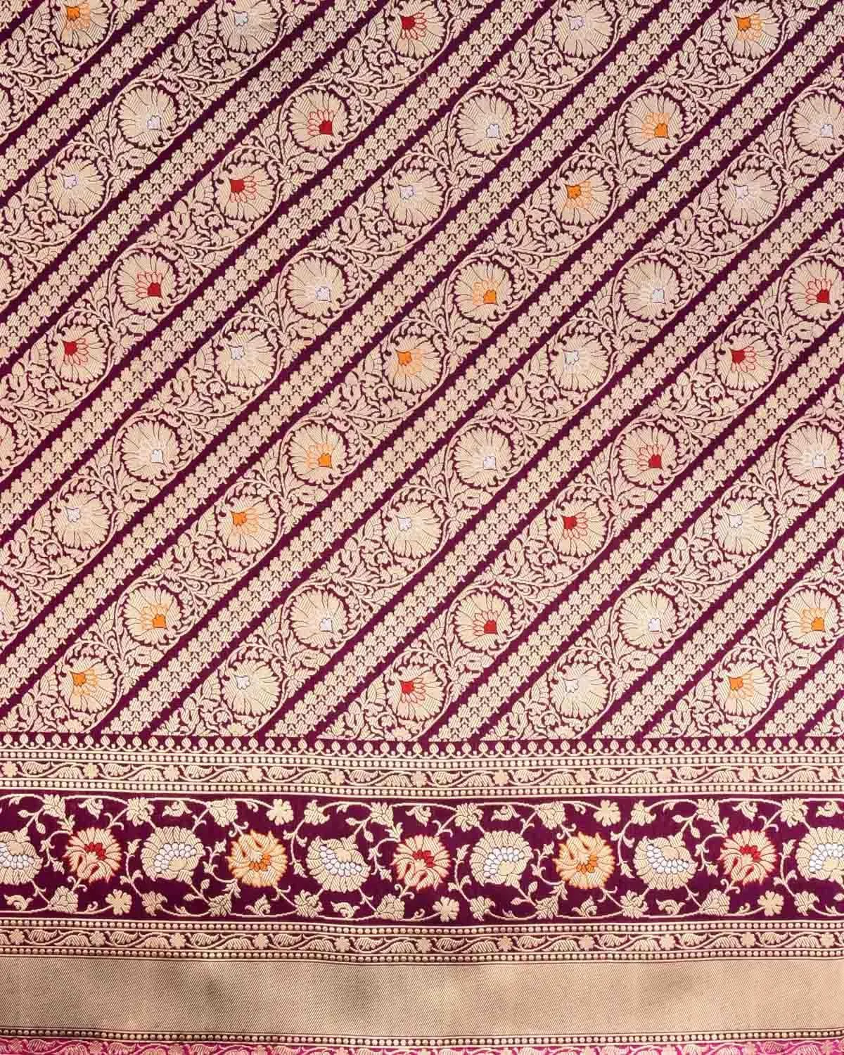 Purple Banarasi Diagonal Inlaid Stripes Kadhuan Brocade Handwoven Katan Silk Saree