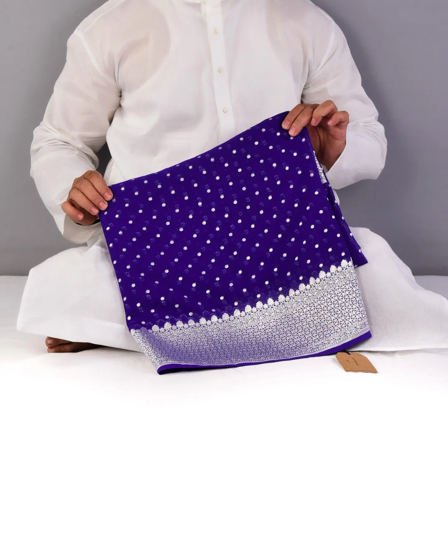 Purple Blue Banarasi Silver Polka Buti Cutwork Brocade Handwoven Khaddi Georgette Saree