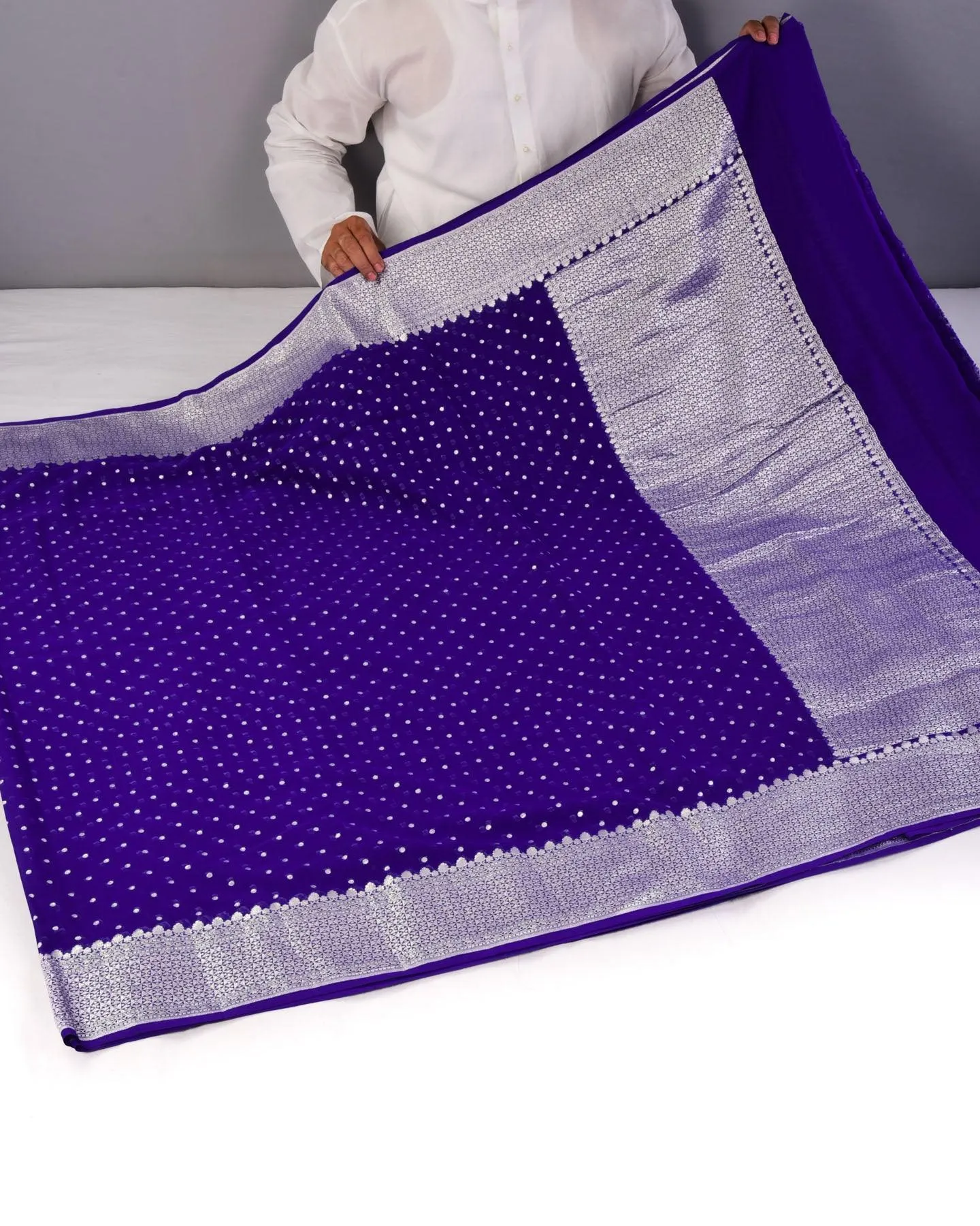Purple Blue Banarasi Silver Polka Buti Cutwork Brocade Handwoven Khaddi Georgette Saree