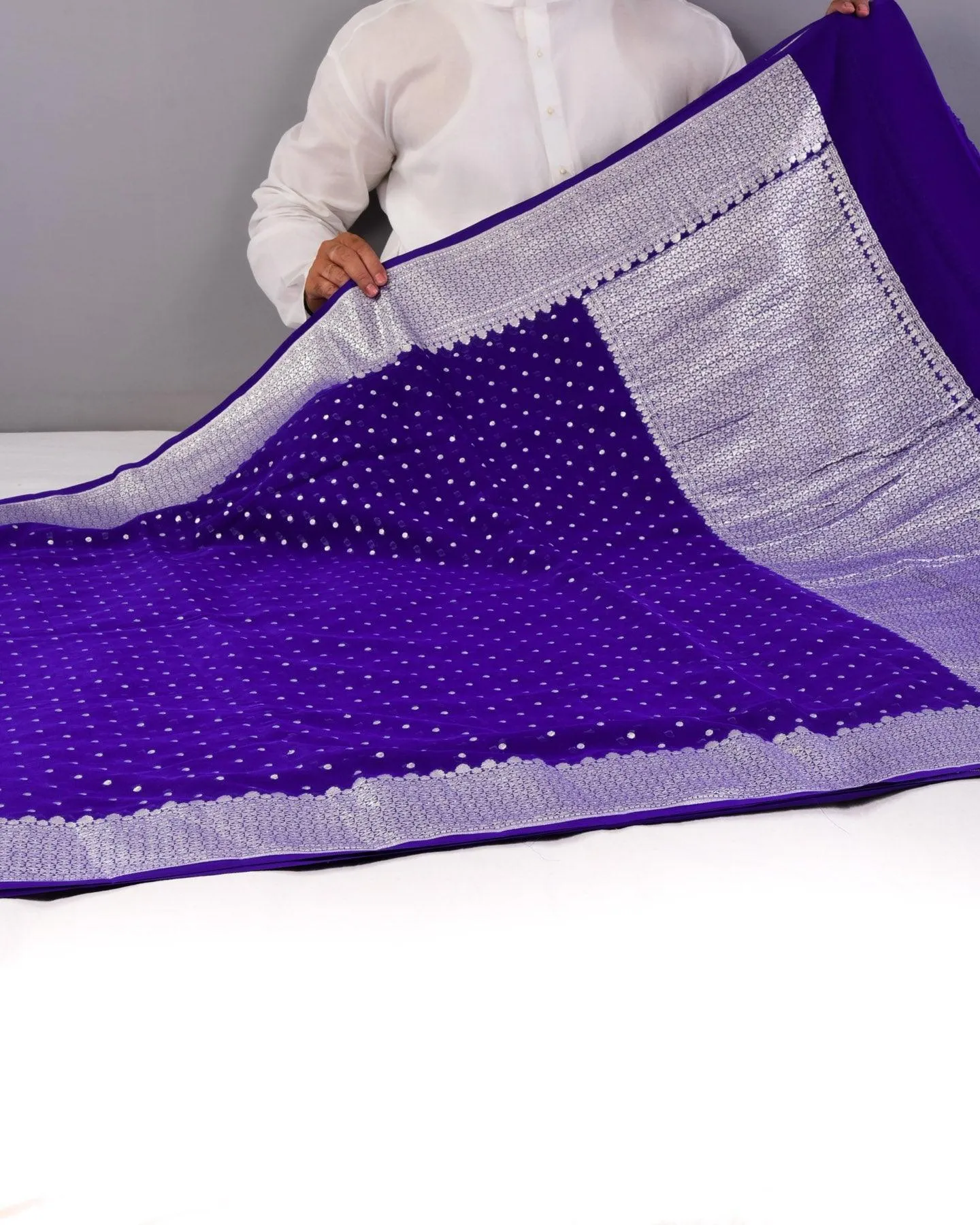 Purple Blue Banarasi Silver Polka Buti Cutwork Brocade Handwoven Khaddi Georgette Saree