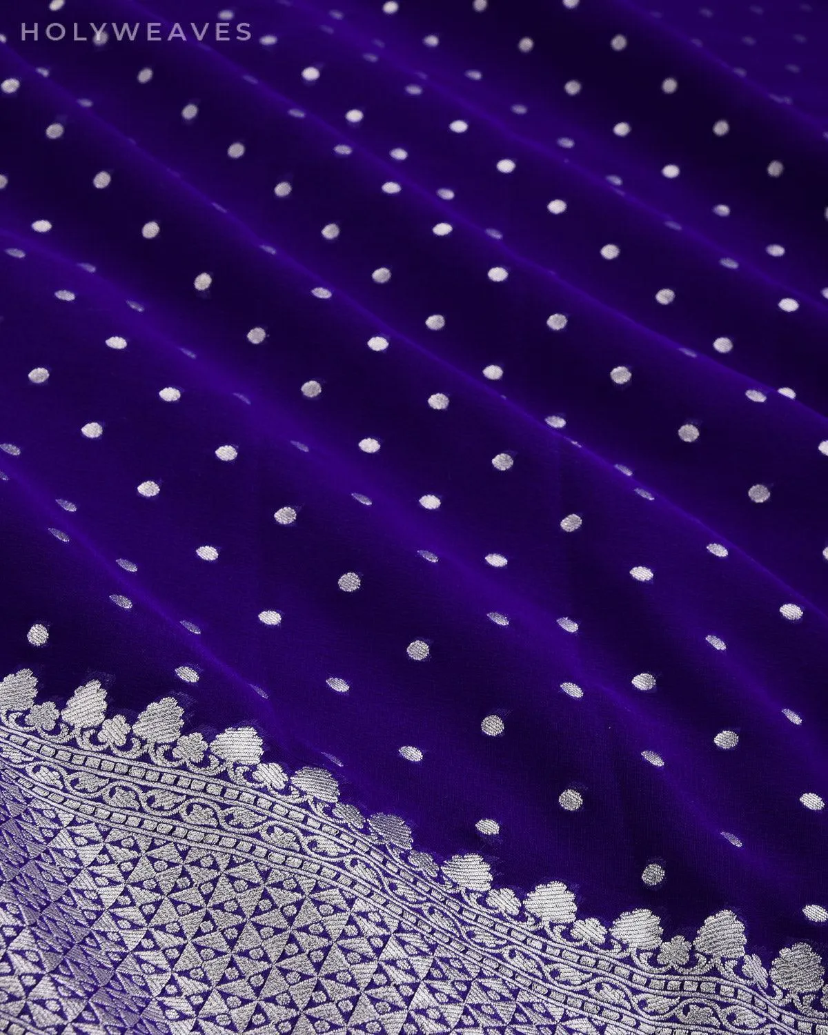 Purple Blue Banarasi Silver Polka Buti Cutwork Brocade Handwoven Khaddi Georgette Saree