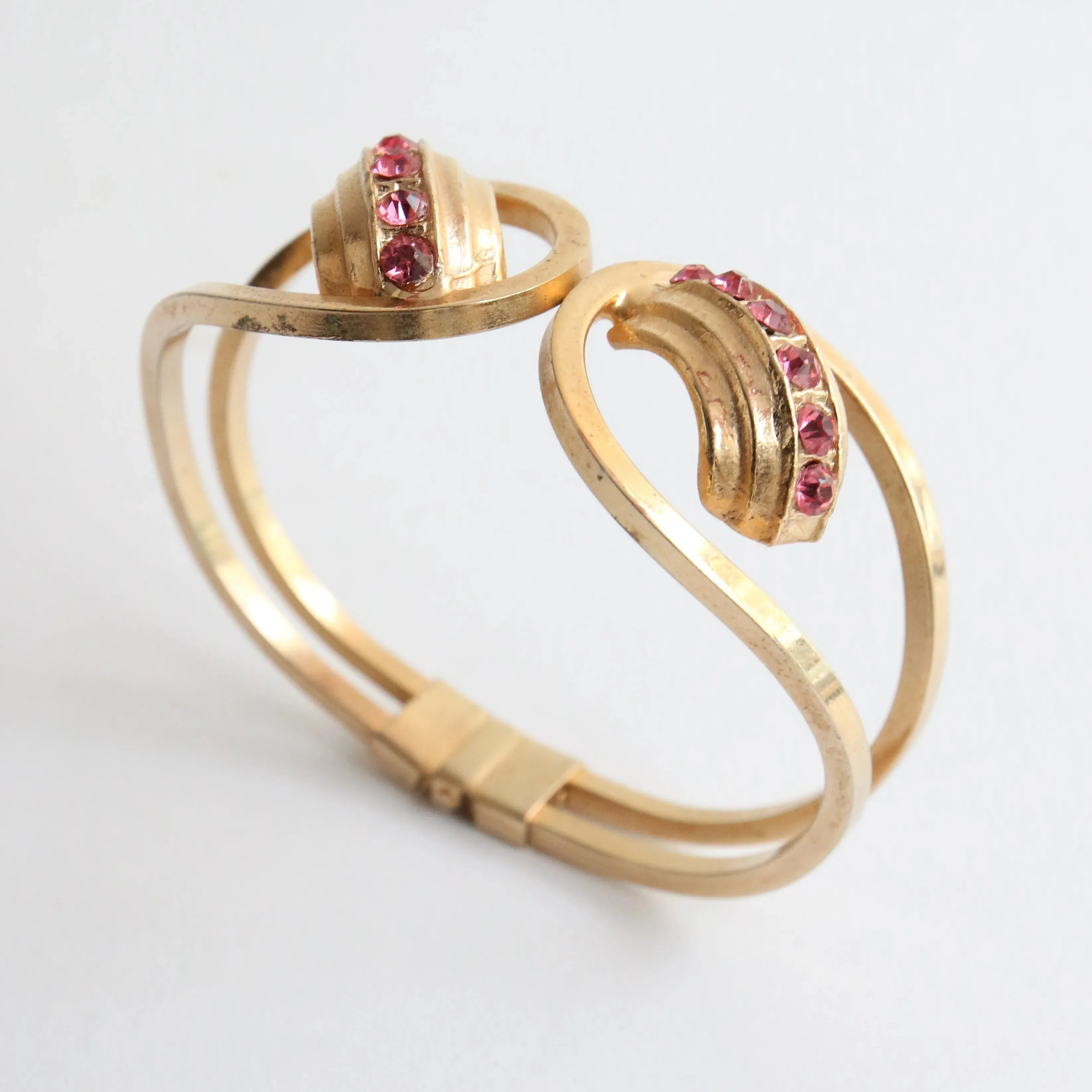 "Curved Pink Rhinestones" Vintage 1960's Rhinestone Clamper Bangle
