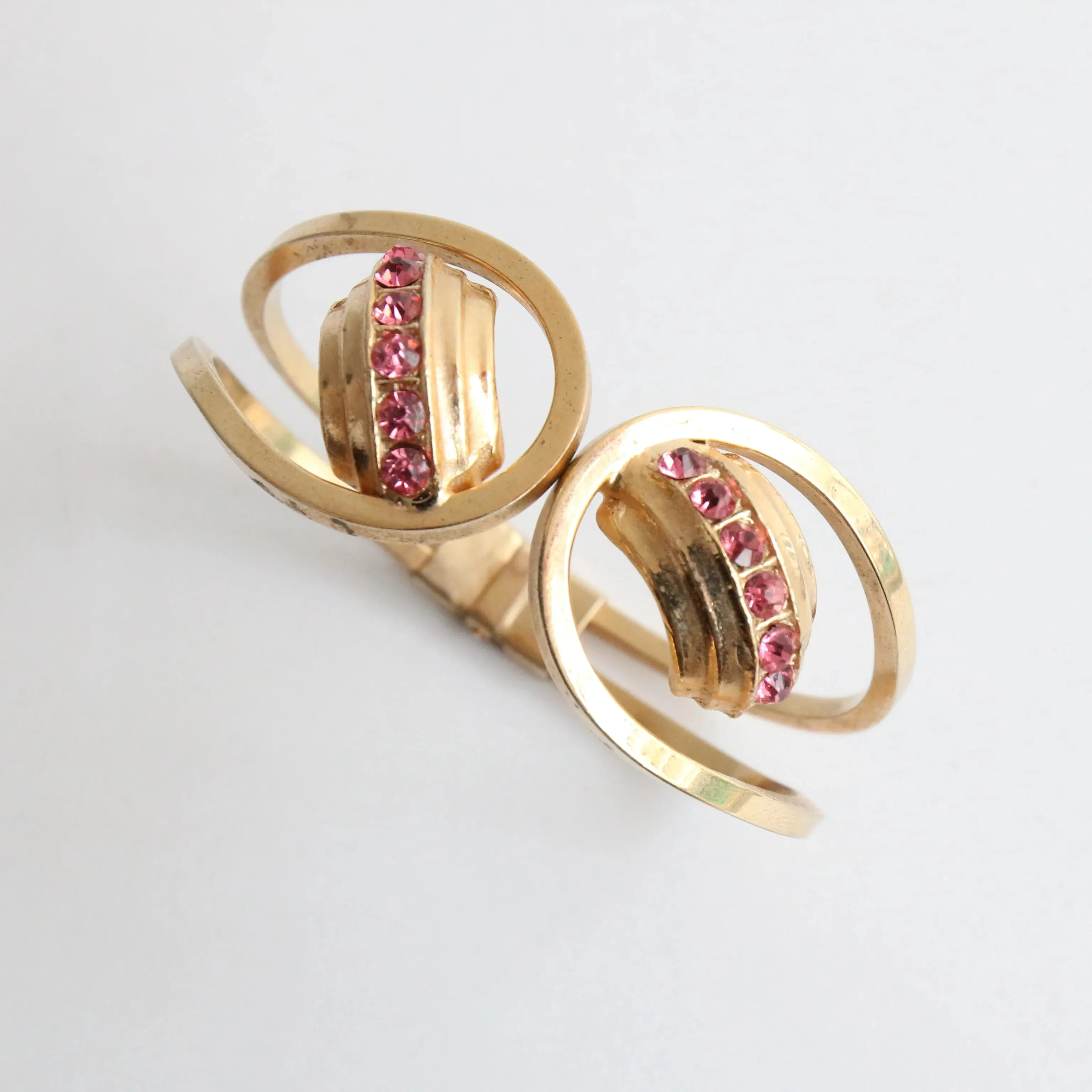 "Curved Pink Rhinestones" Vintage 1960's Rhinestone Clamper Bangle