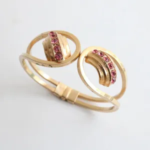 "Curved Pink Rhinestones" Vintage 1960's Rhinestone Clamper Bangle