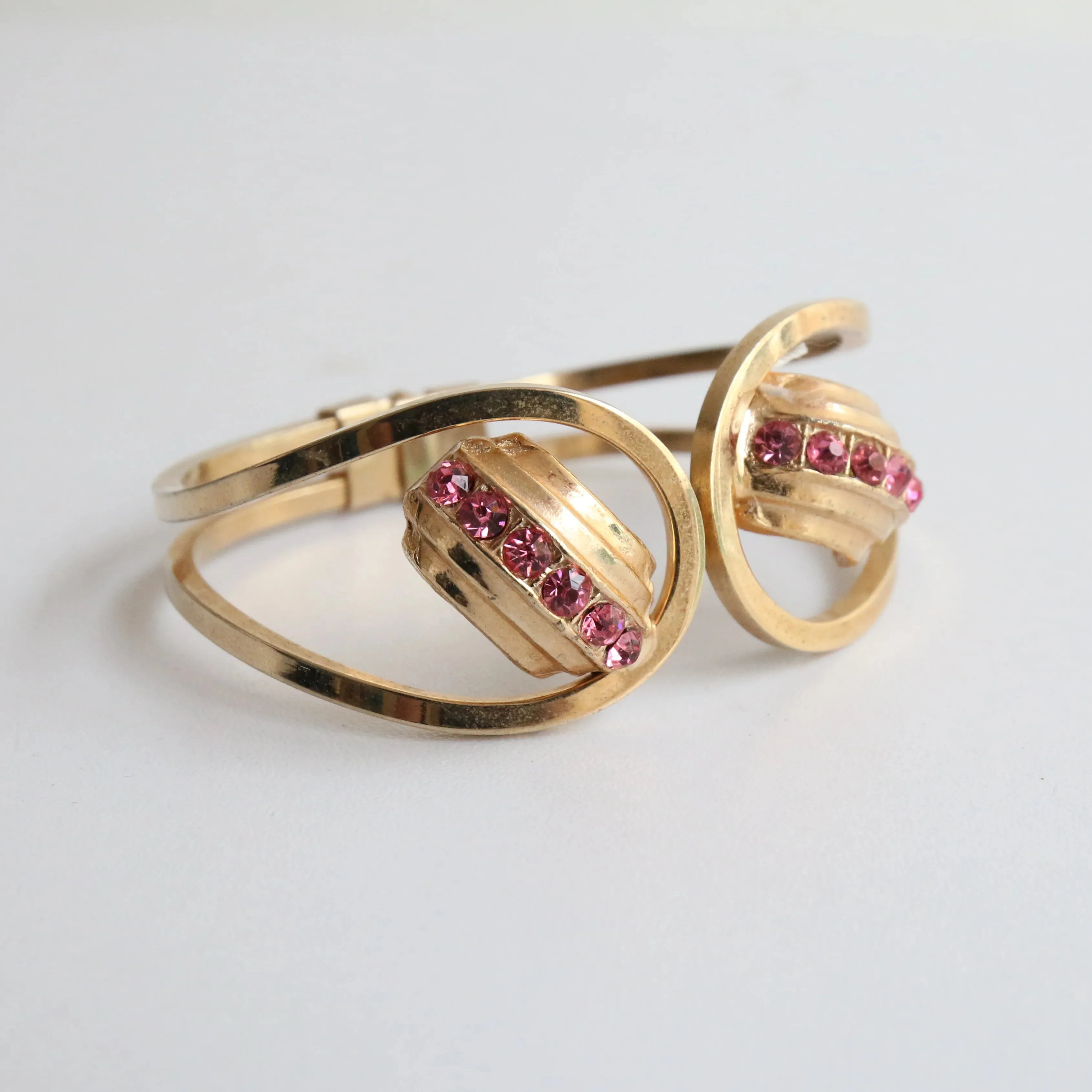 "Curved Pink Rhinestones" Vintage 1960's Rhinestone Clamper Bangle