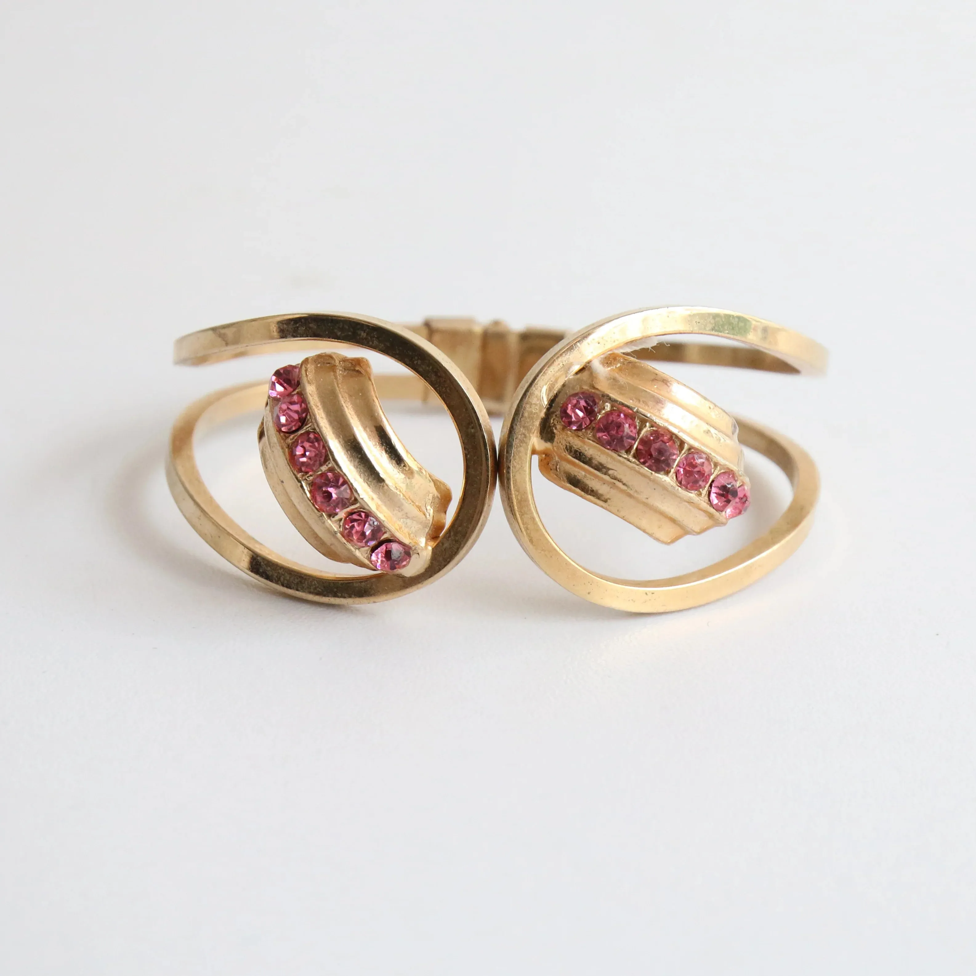 "Curved Pink Rhinestones" Vintage 1960's Rhinestone Clamper Bangle