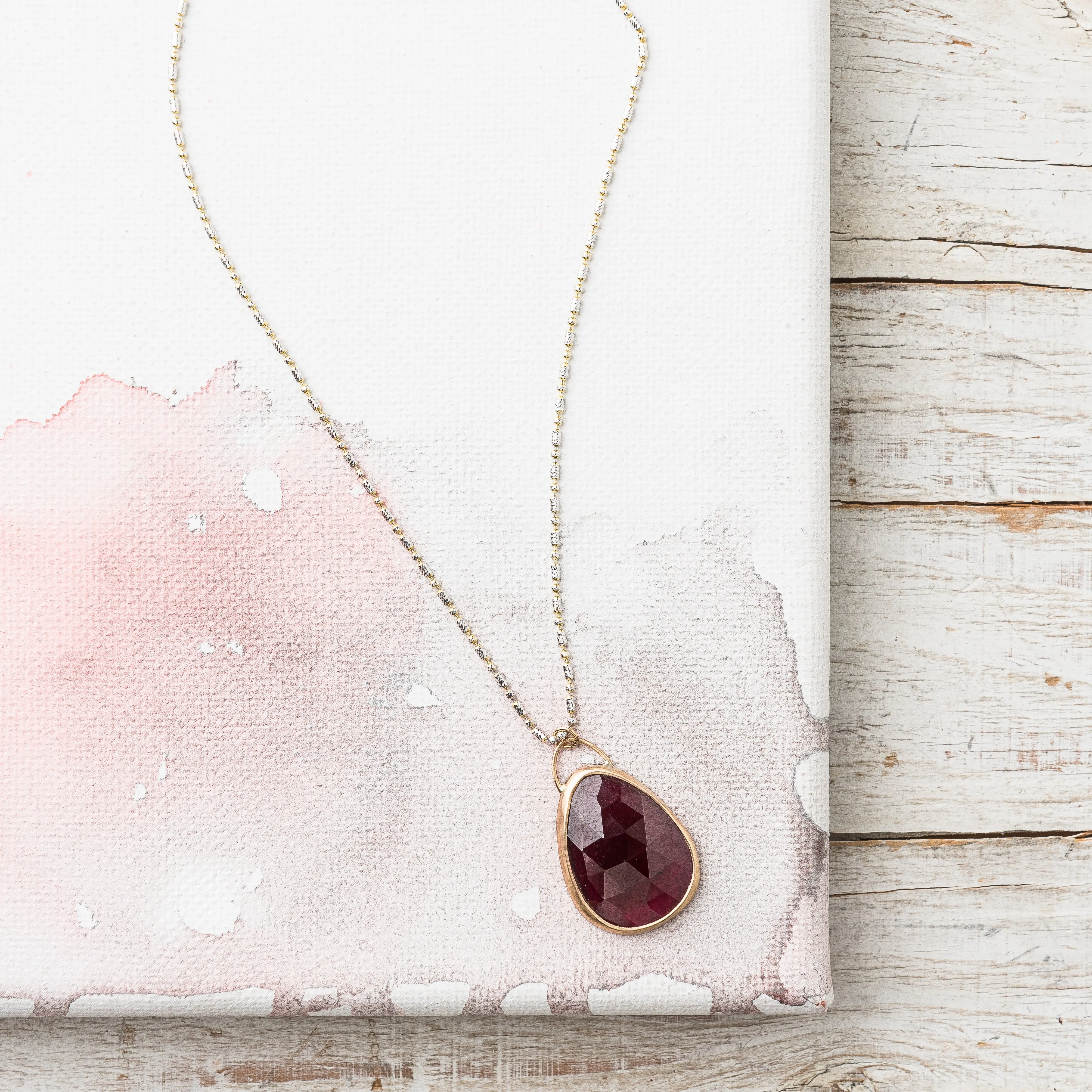 Rhodolite Garnet Necklace on Two Tone Gold Alternating Ball Chain