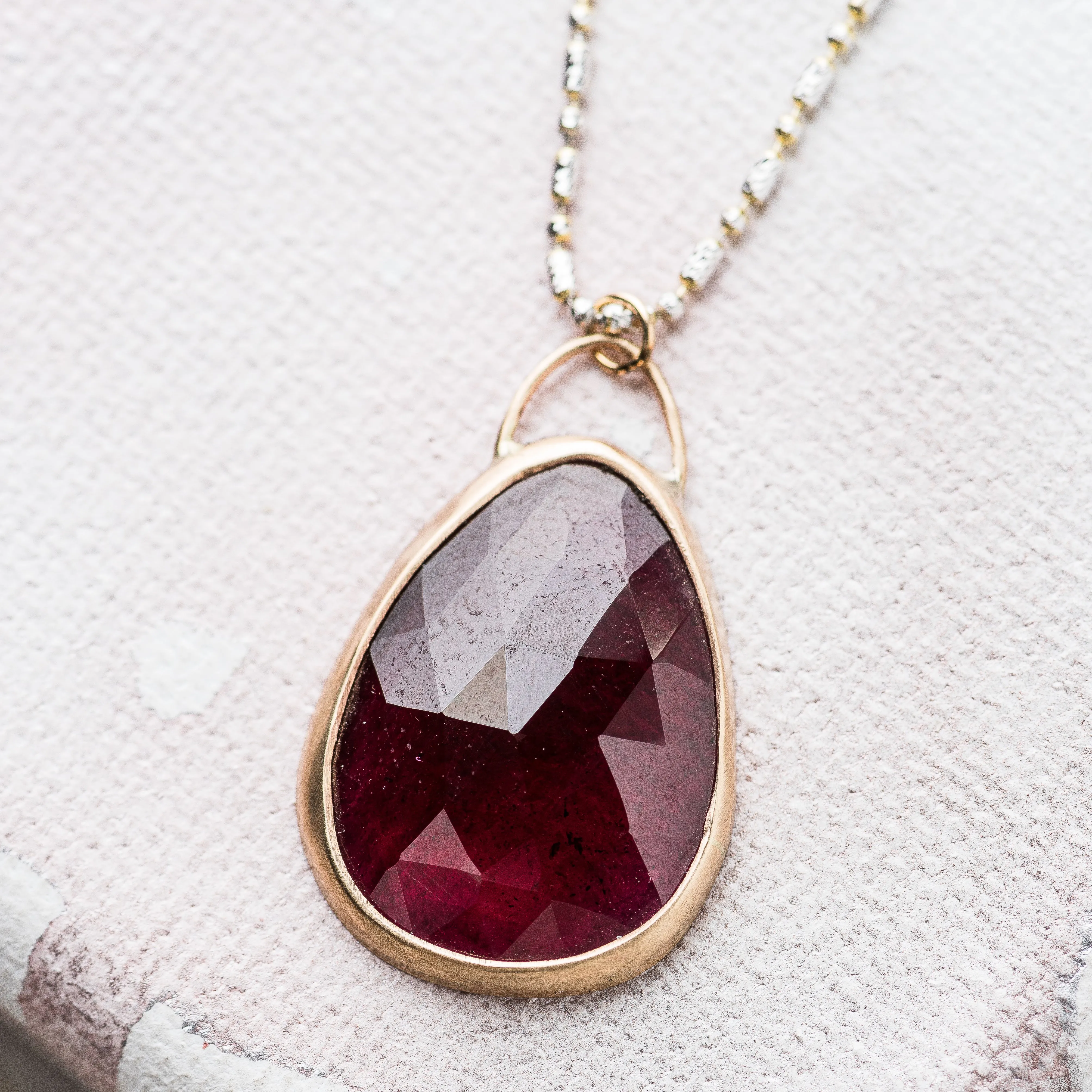 Rhodolite Garnet Necklace on Two Tone Gold Alternating Ball Chain