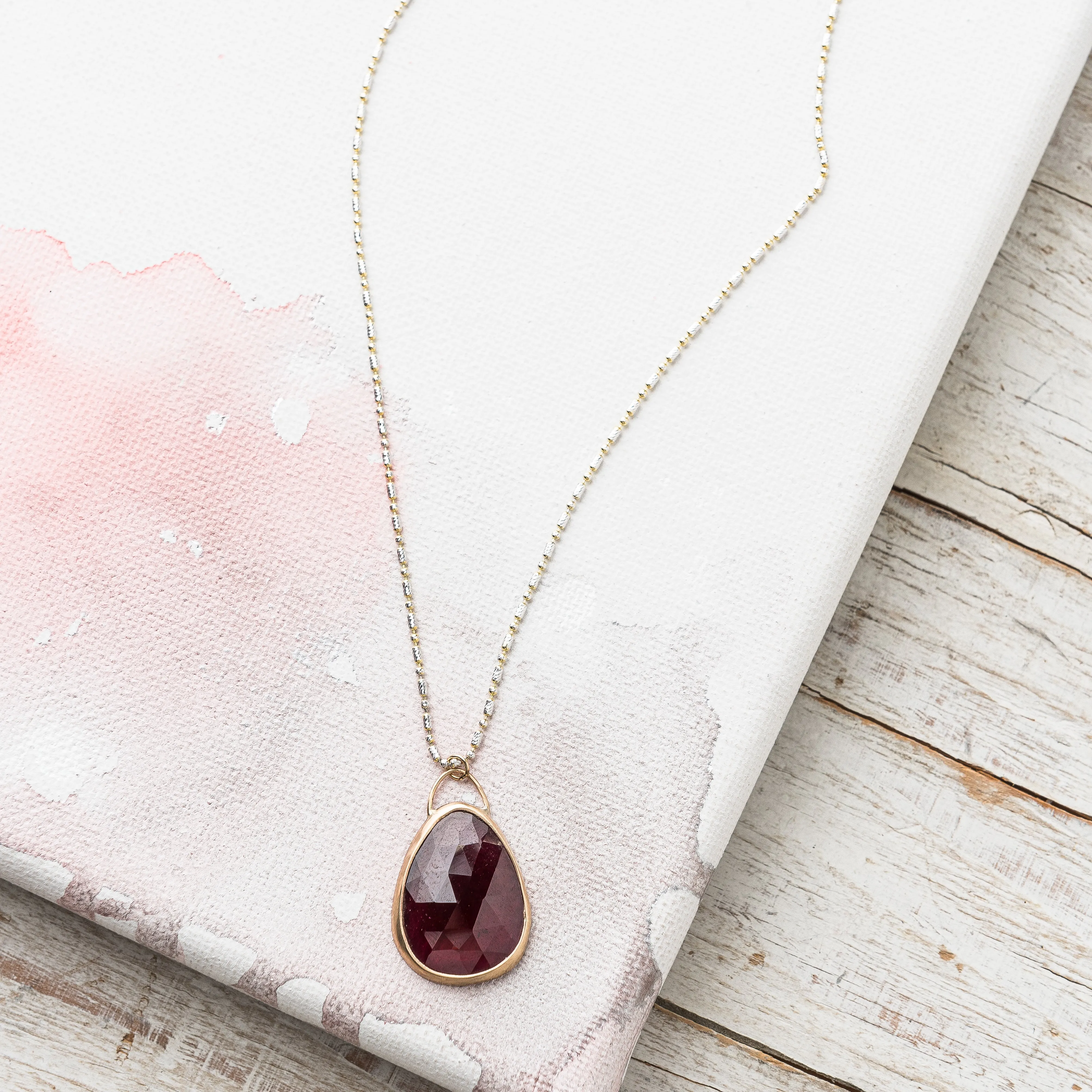 Rhodolite Garnet Necklace on Two Tone Gold Alternating Ball Chain