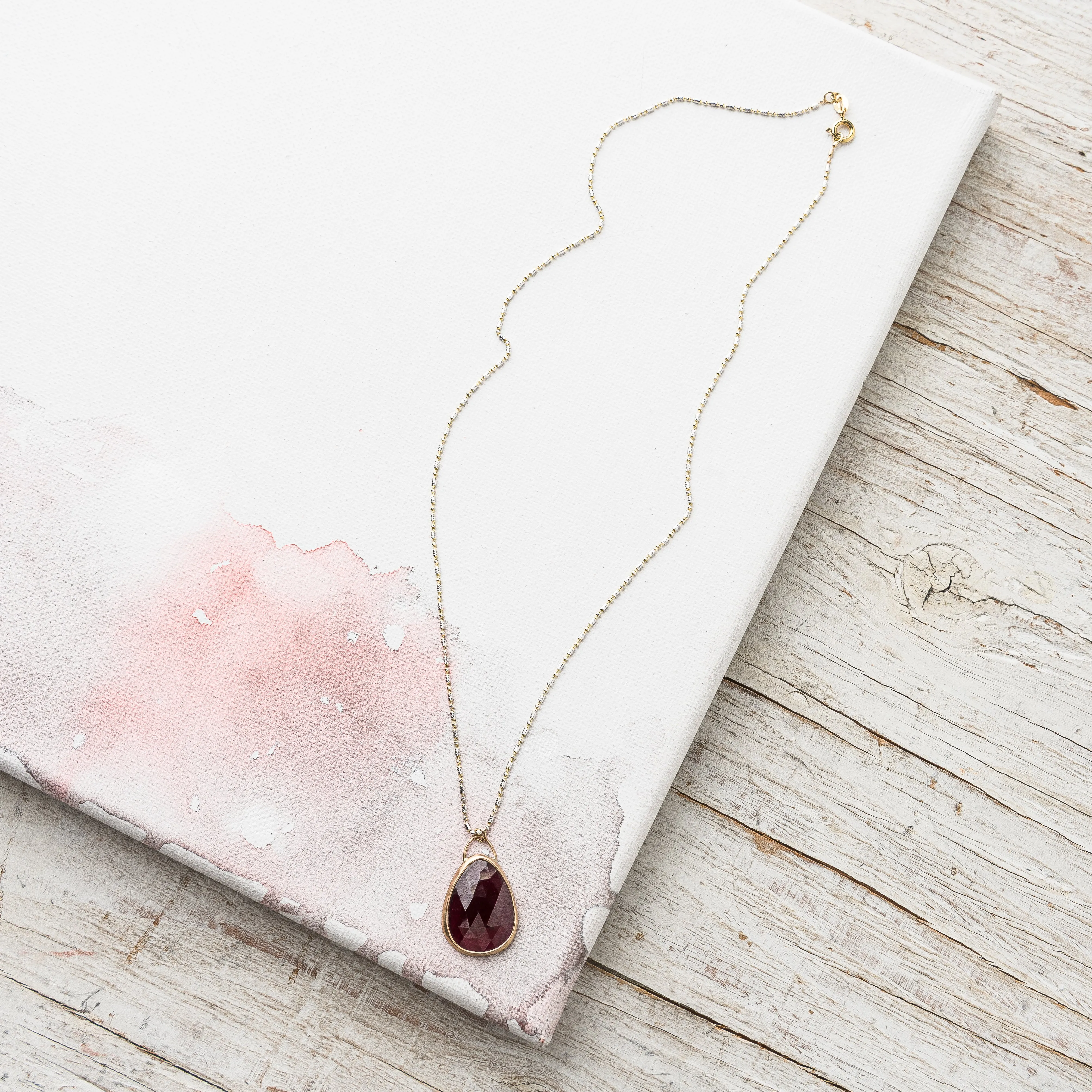 Rhodolite Garnet Necklace on Two Tone Gold Alternating Ball Chain