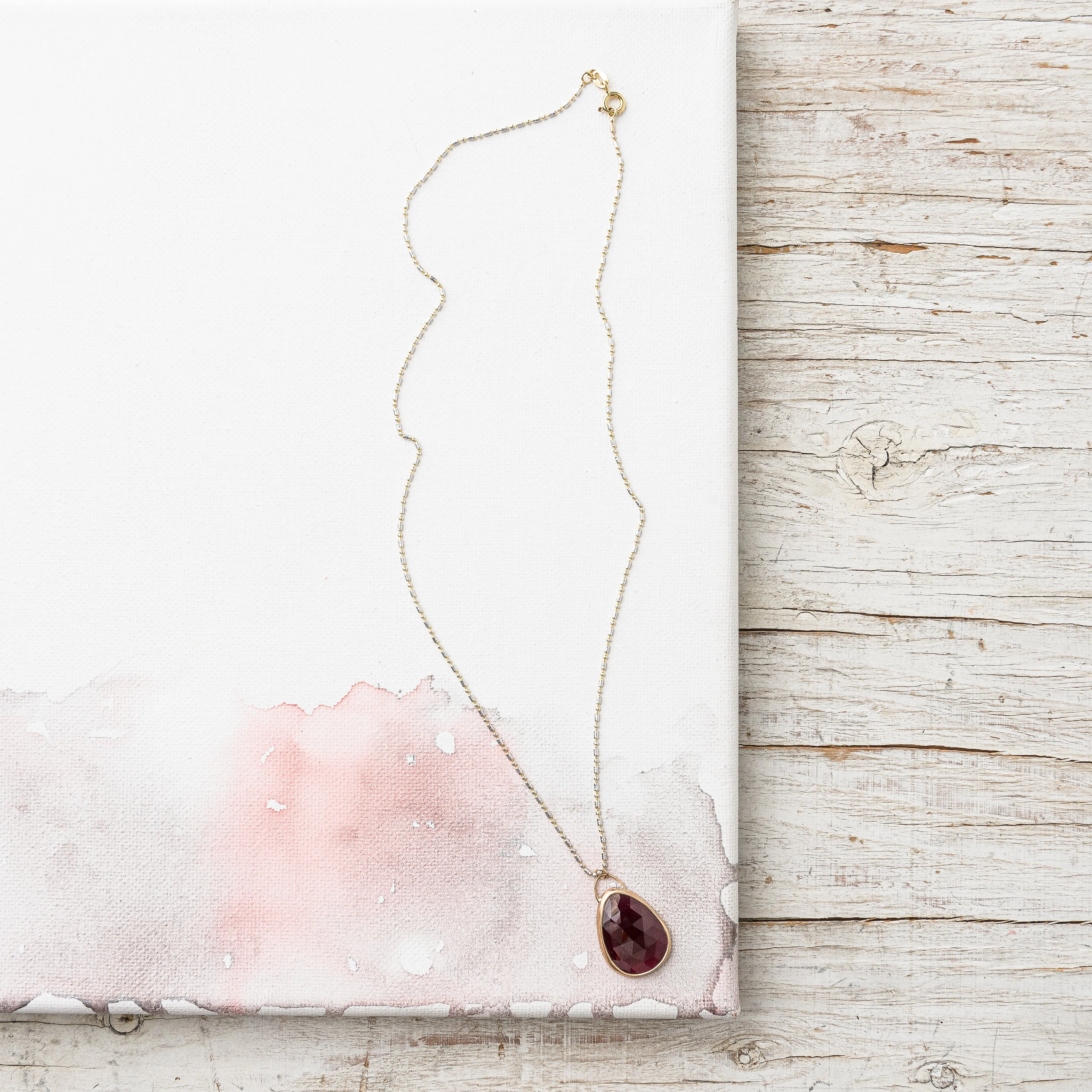 Rhodolite Garnet Necklace on Two Tone Gold Alternating Ball Chain
