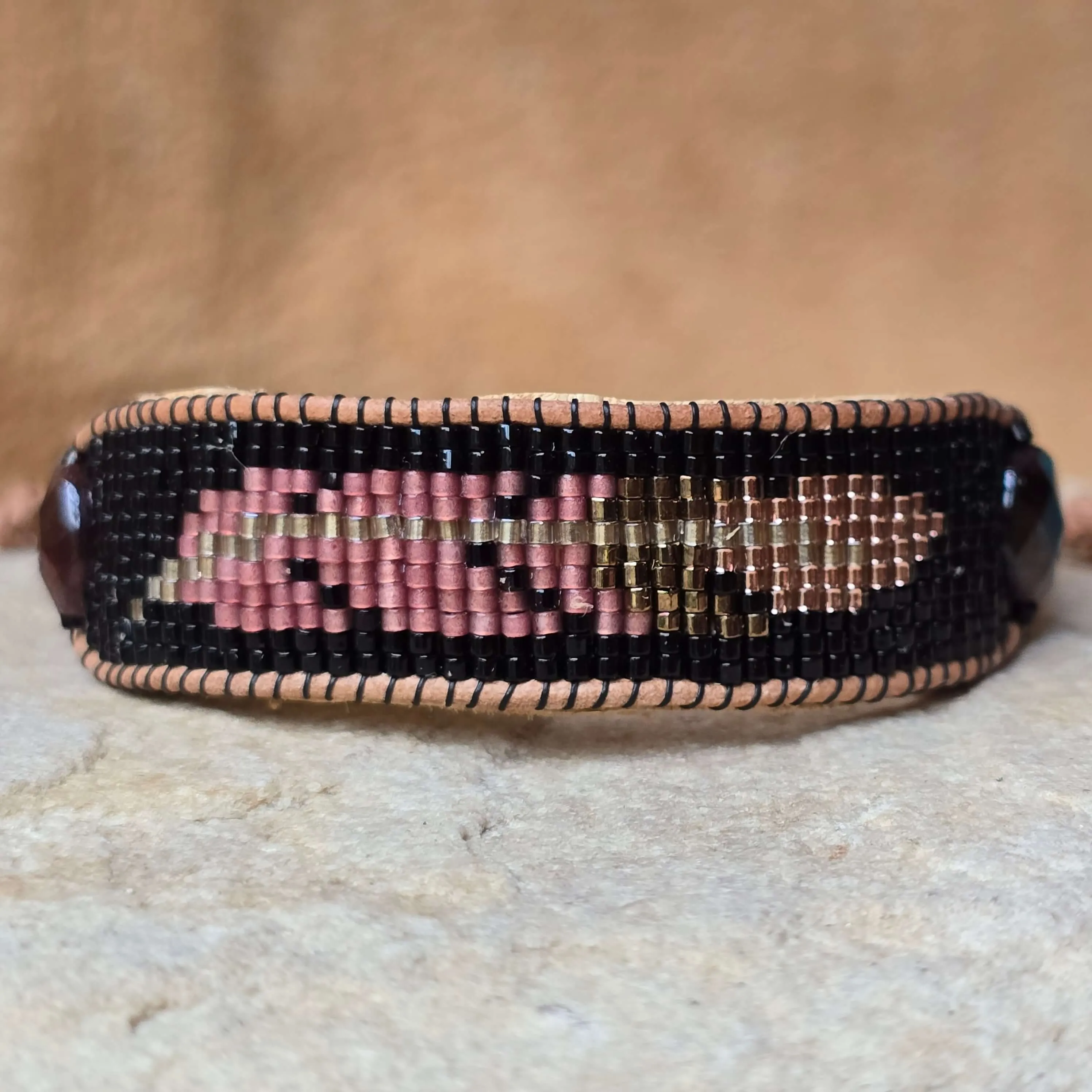 Rooted Radiance Feather Garnet Medium Beaded Cuff Bracelet