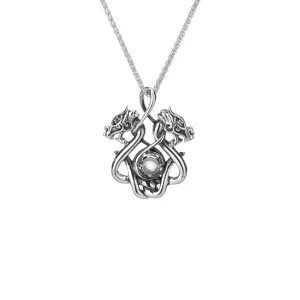 Silver Double Headed Dragon Pendant Small - White Topaz