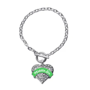 Silver Emerald Green Middle Sister Pave Heart Charm Toggle Bracelet