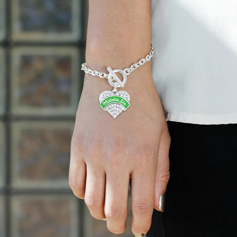 Silver Emerald Green Middle Sister Pave Heart Charm Toggle Bracelet