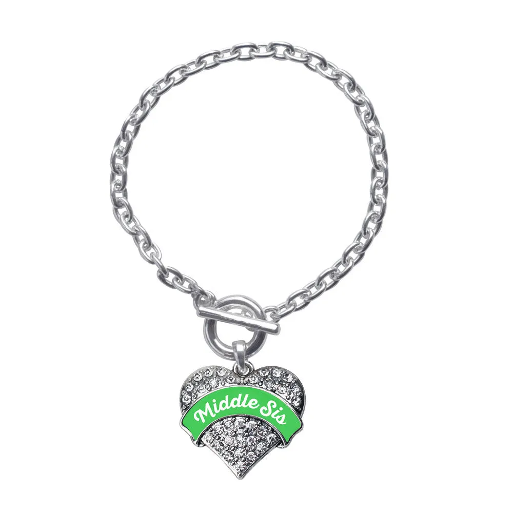 Silver Emerald Green Middle Sister Pave Heart Charm Toggle Bracelet