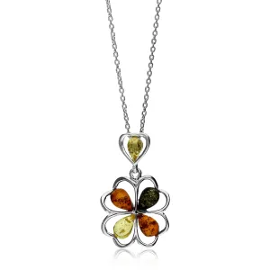 Sterling Silver Amber Four Leaf Clover Pendant