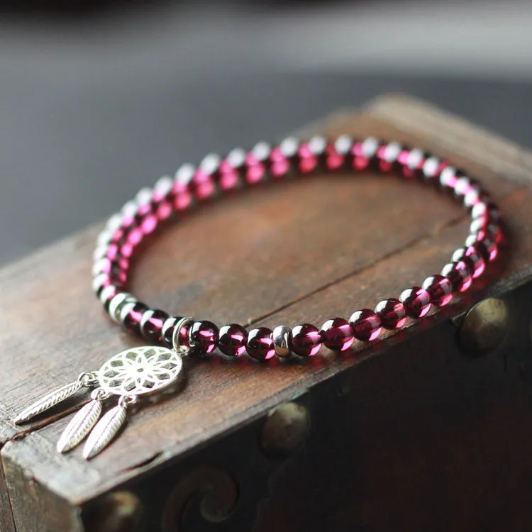 Sterling Silver Dream Catch Garnet Beaded Bracelet Handmade Jewelry for Women