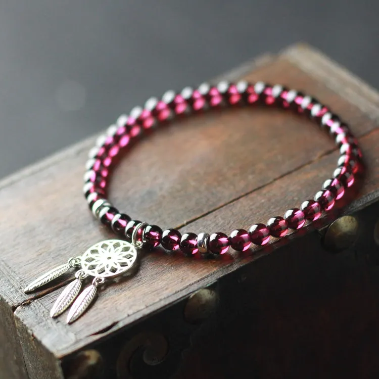 Sterling Silver Dream Catch Garnet Beaded Bracelet Handmade Jewelry for Women