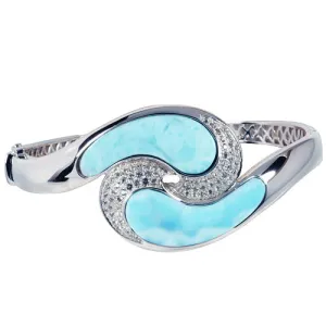 Sterling Silver Larimar Wave with CZ Bangle Bracelet