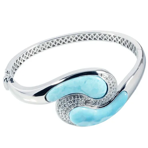 Sterling Silver Larimar Wave with CZ Bangle Bracelet