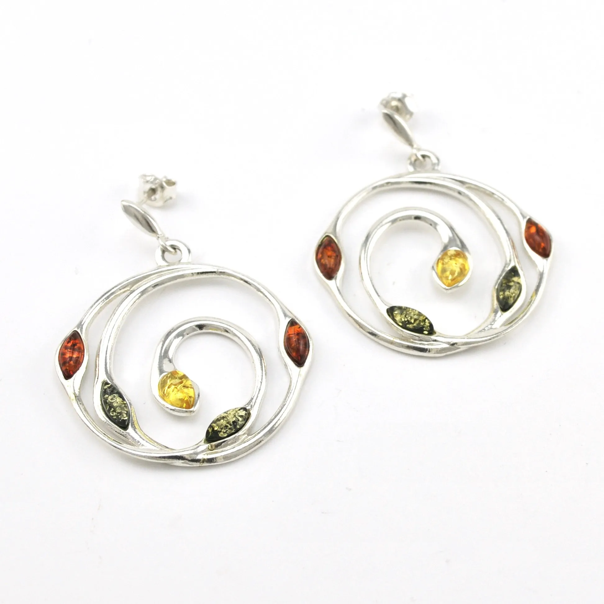 Sterling Silver Multicolored Amber Spiral Dangle Earrings