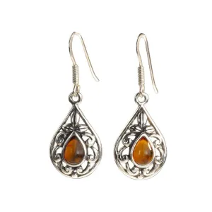 Sterling Silver Ornate Amber Teardrop Earrings